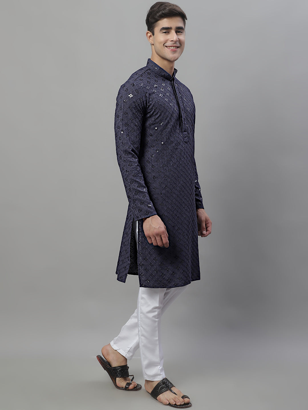 Men's Grey Chikankari Embroidered And Sequence Kurta With Pajama