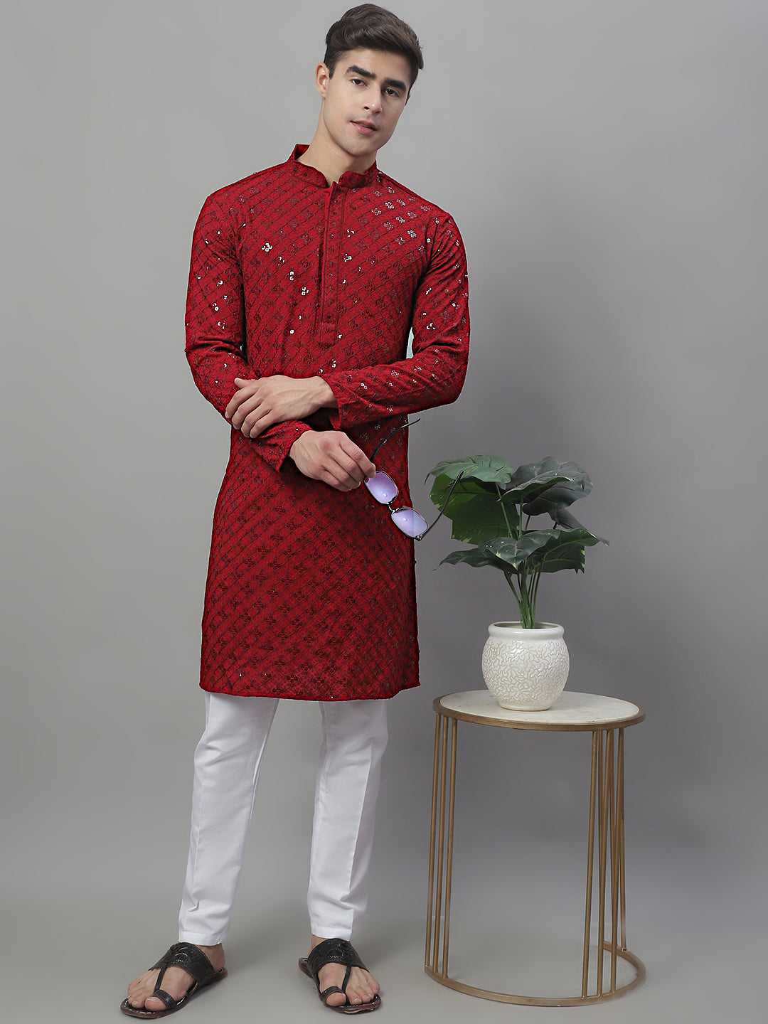 Men's Maroon Chikankari Embroidered And Sequence Kurta With Pajama