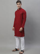 Men's Maroon Chikankari Embroidered And Sequence Kurta With Pajama