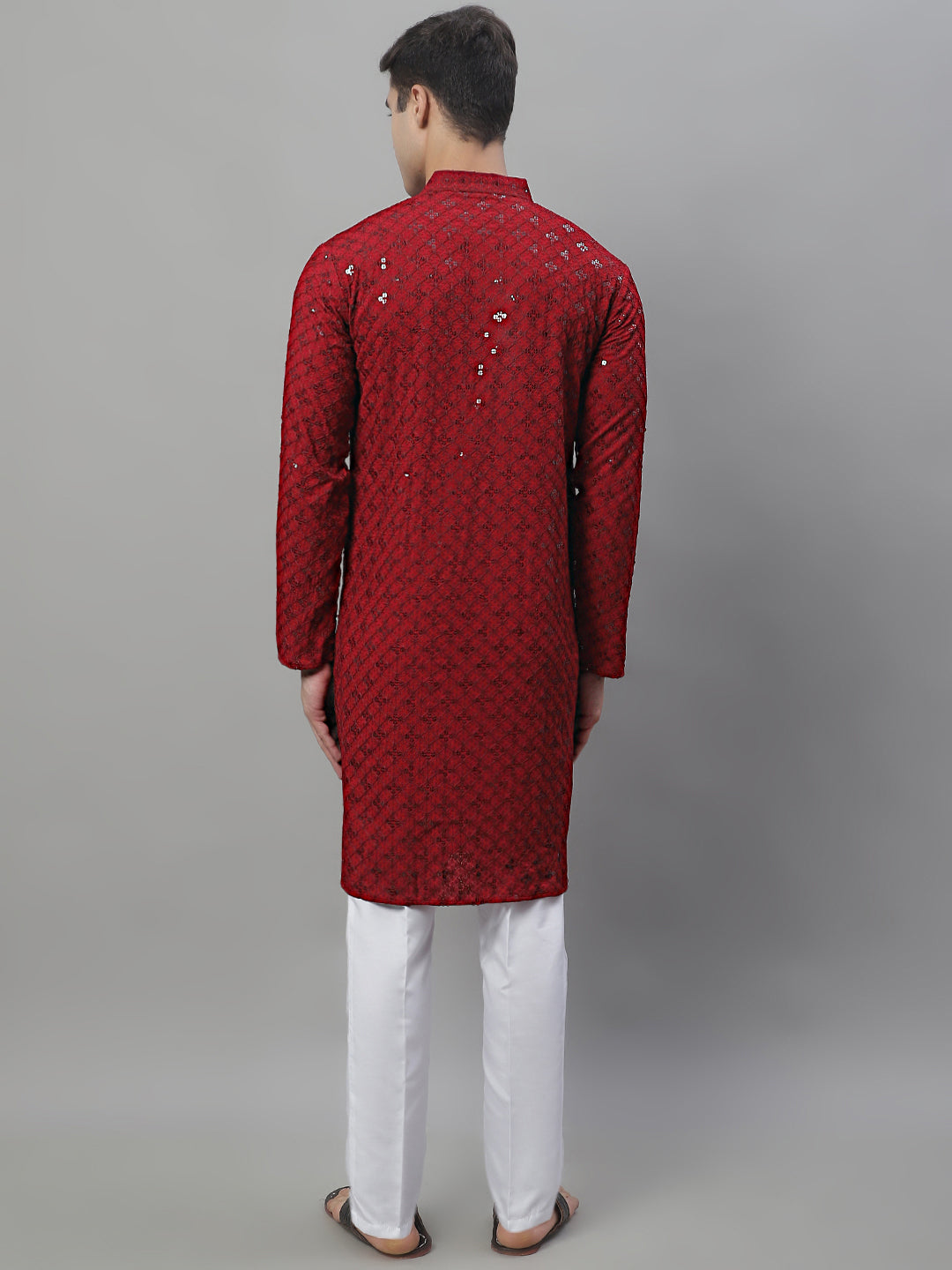 Men's Maroon Chikankari Embroidered And Sequence Kurta With Pajama