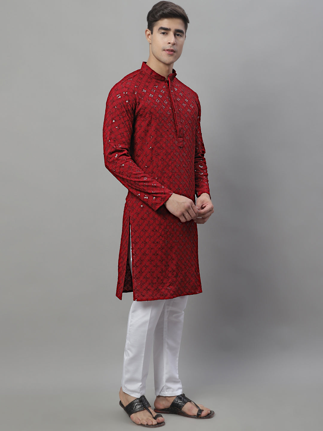 Men's Maroon Chikankari Embroidered And Sequence Kurta With Pajama