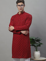 Men's Maroon Chikankari Embroidered And Sequence Kurta With Pajama