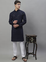 Men's Navy Blue Chikankari Embroidered And Sequence Kurta With Pajama