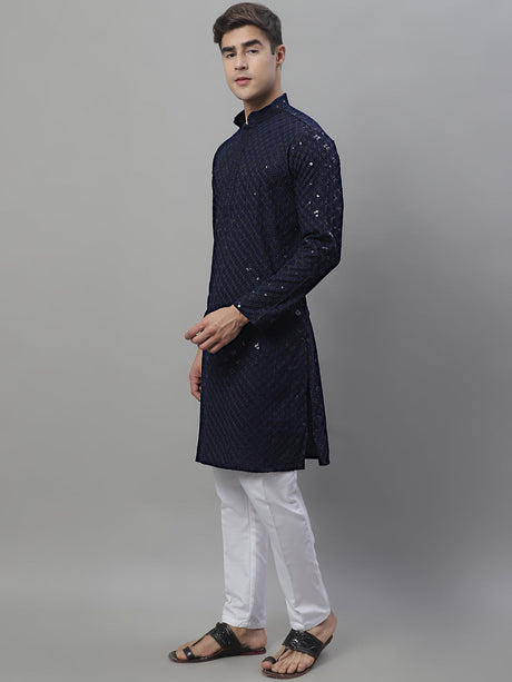 Men's Navy Blue Chikankari Embroidered And Sequence Kurta With Pajama