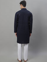 Men's Navy Blue Chikankari Embroidered And Sequence Kurta With Pajama