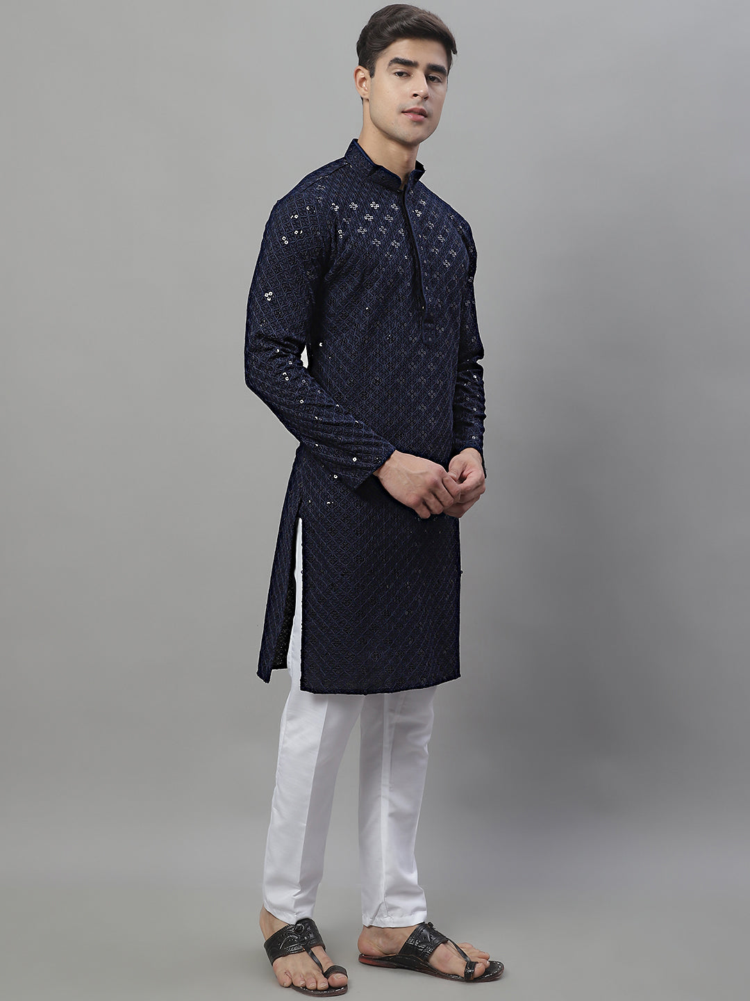 Men's Navy Blue Chikankari Embroidered And Sequence Kurta With Pajama