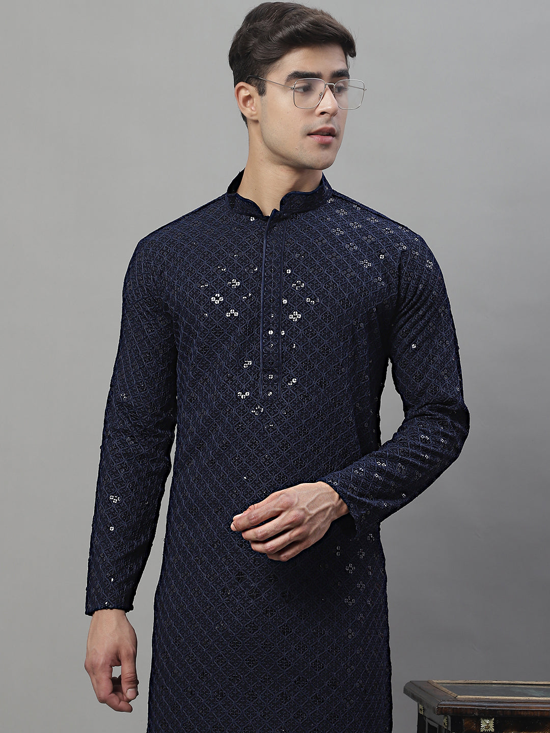 Men's Navy Blue Chikankari Embroidered And Sequence Kurta With Pajama