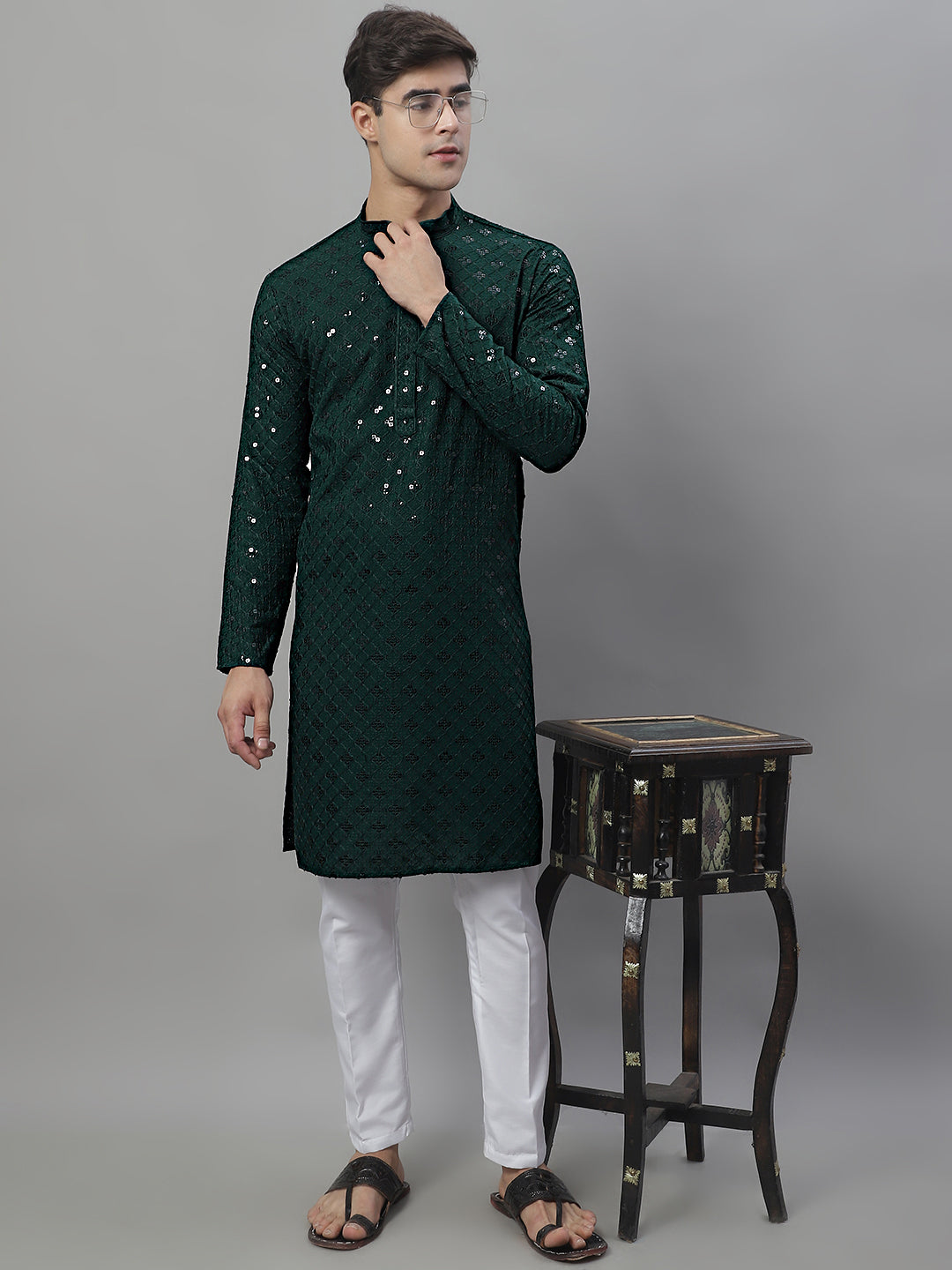 Men's Olive Green Chikankari Embroidered And Sequence Kurta With Pajama