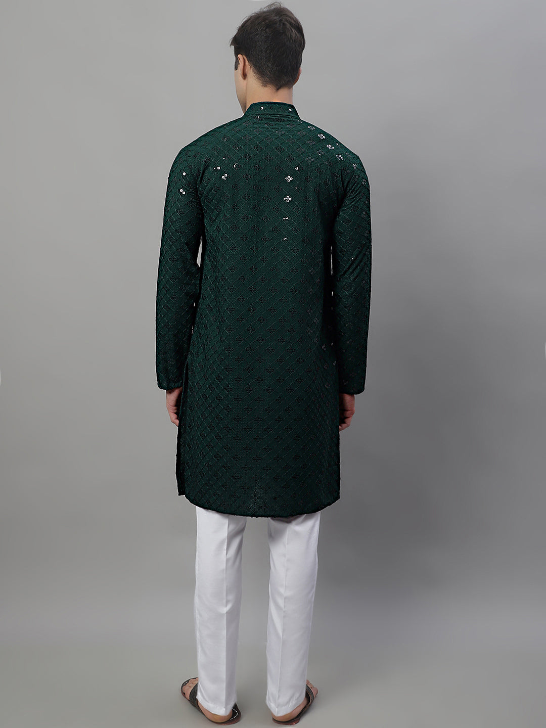 Men's Olive Green Chikankari Embroidered And Sequence Kurta With Pajama