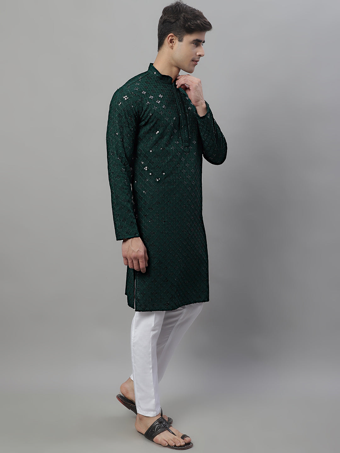 Men's Olive Green Chikankari Embroidered And Sequence Kurta With Pajama