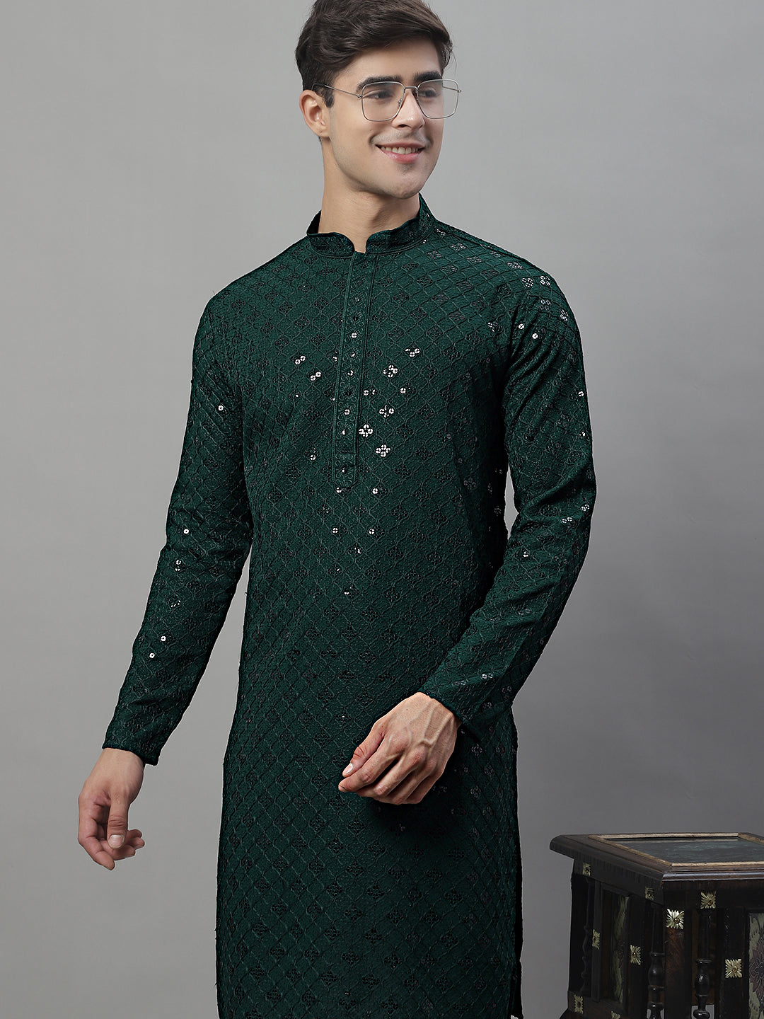 Men's Olive Green Chikankari Embroidered And Sequence Kurta With Pajama