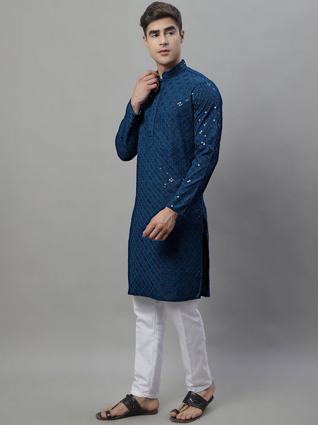 Men's Peacock Blue Chikankari Embroidered And Sequence Kurta With Pajama