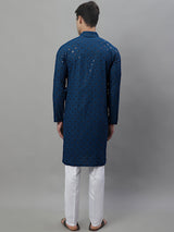 Men's Peacock Blue Chikankari Embroidered And Sequence Kurta With Pajama