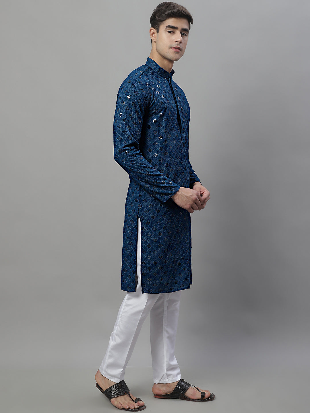 Men's Peacock Blue Chikankari Embroidered And Sequence Kurta With Pajama