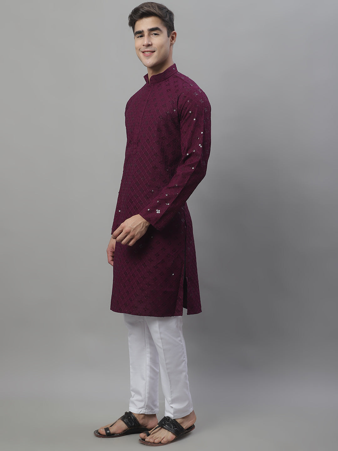 Men's Purple Chikankari Embroidered And Sequence Kurta With Pajama