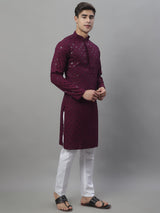 Men's Purple Chikankari Embroidered And Sequence Kurta With Pajama