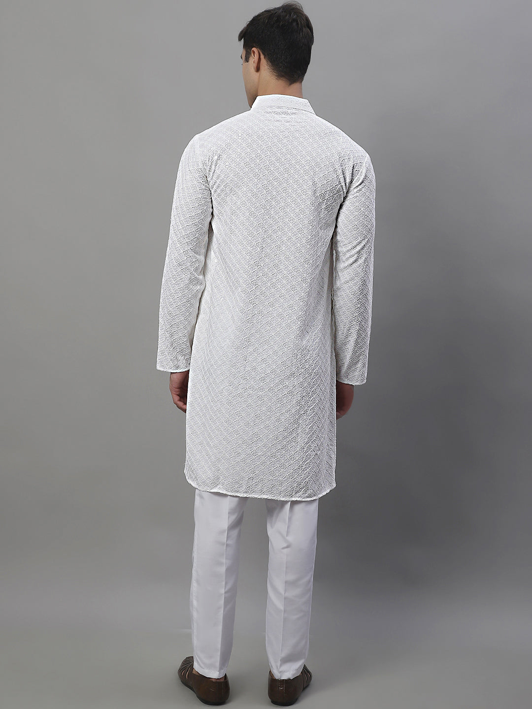 Men's White Chikankari Embroidered And Sequence Kurta With Pajama