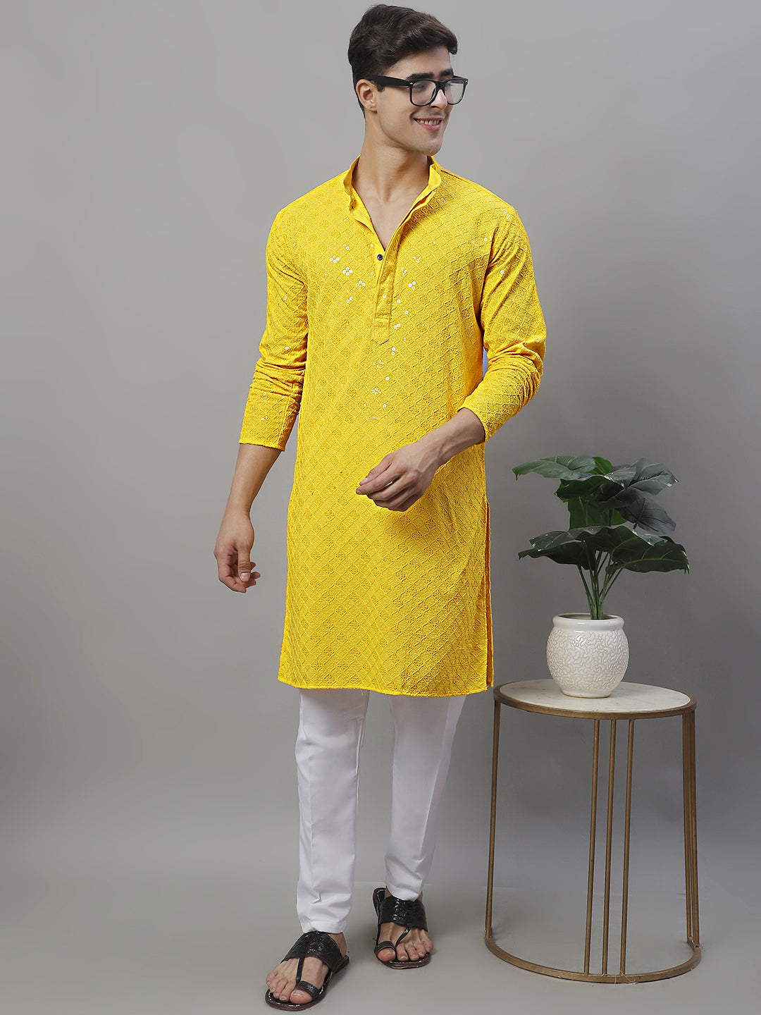 Men's Yellow Chikankari Embroidered And Sequence Kurta With Pajama