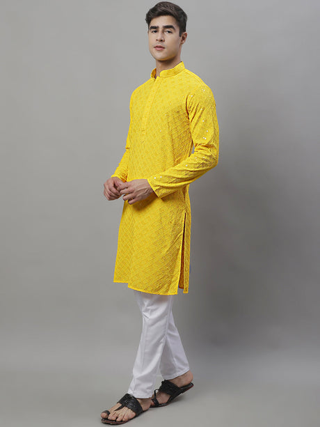 Men's Yellow Chikankari Embroidered And Sequence Kurta With Pajama