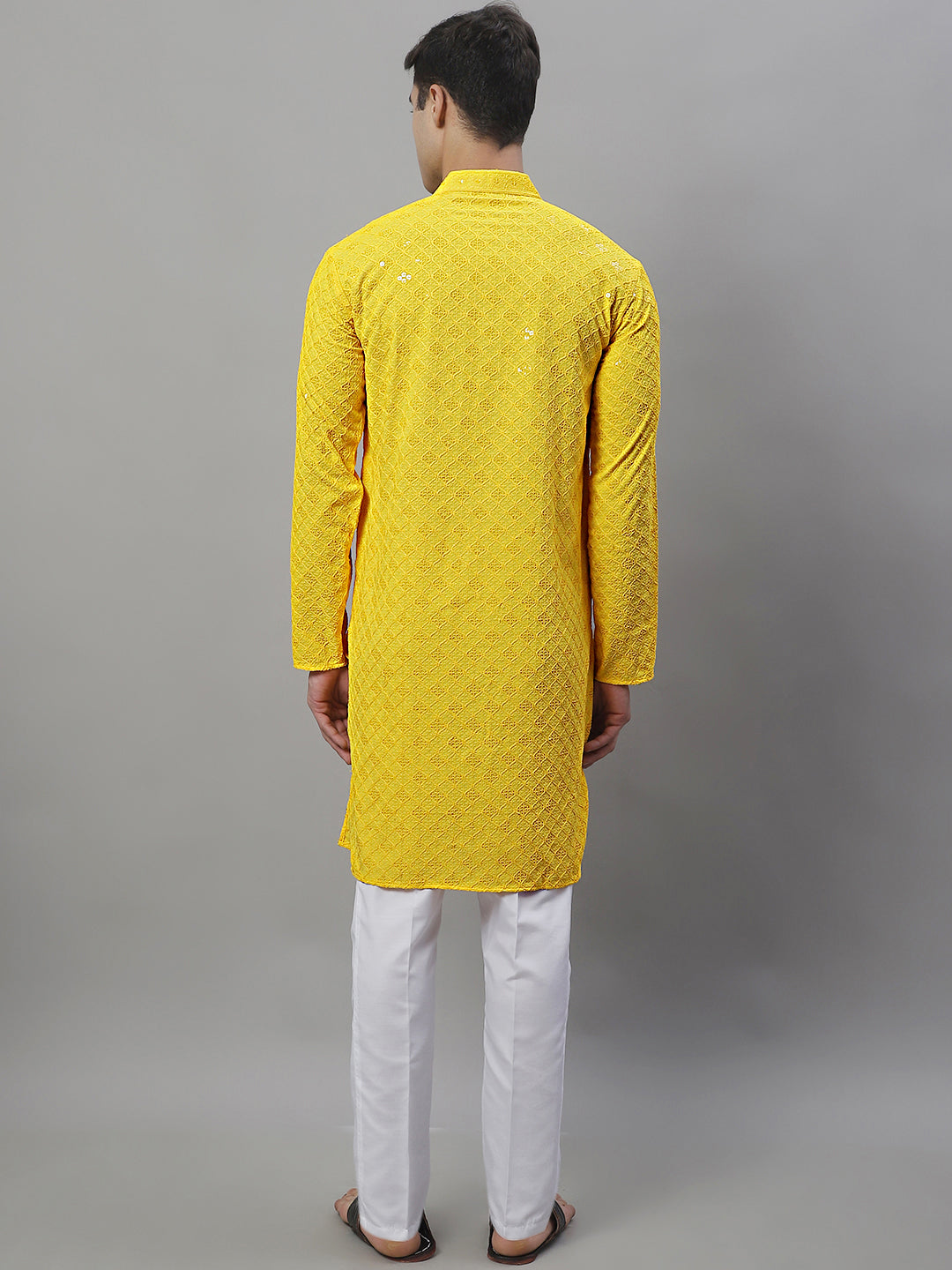 Men's Yellow Chikankari Embroidered And Sequence Kurta With Pajama