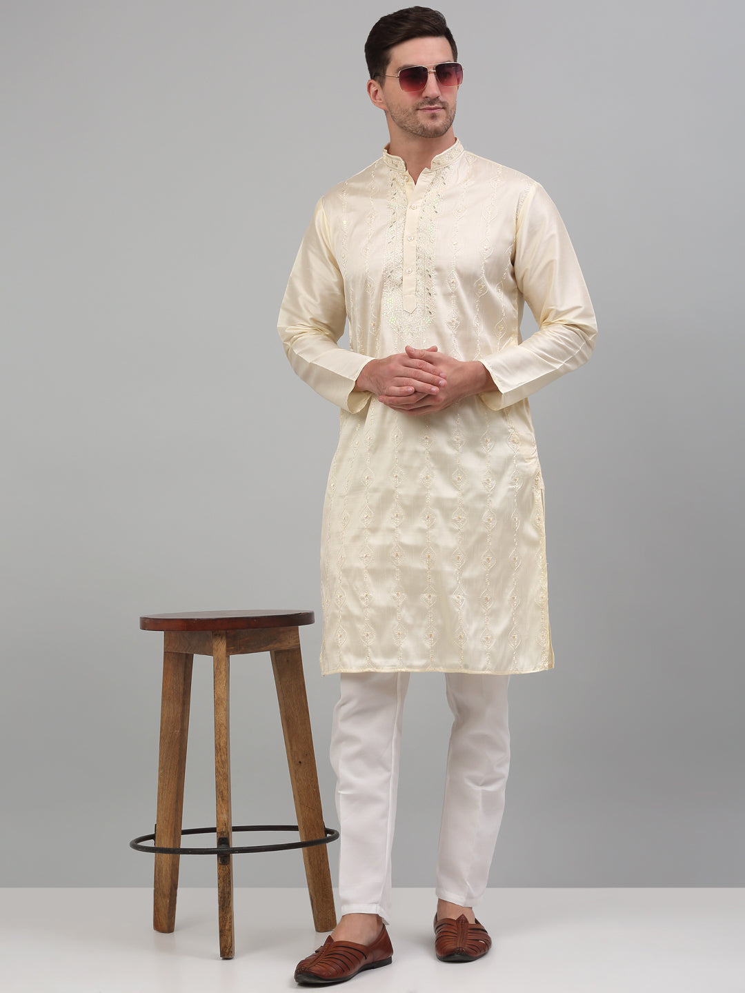 Off White Silk Embroidered Kurta Pajama Set