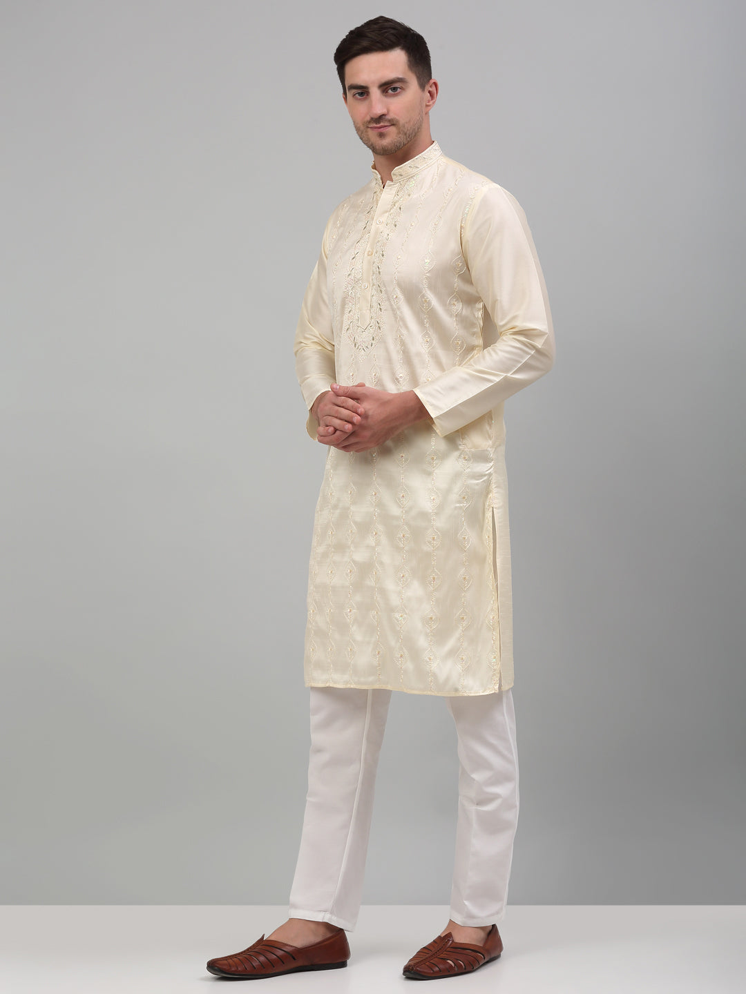 Off White Silk Embroidered Kurta Pajama Set