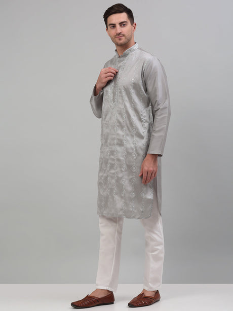 Gray Silk Embroidered Kurta Pajama Set