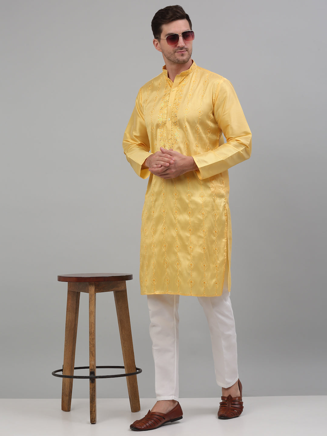 Men's Yellow Embroidered Kurta With Pajama