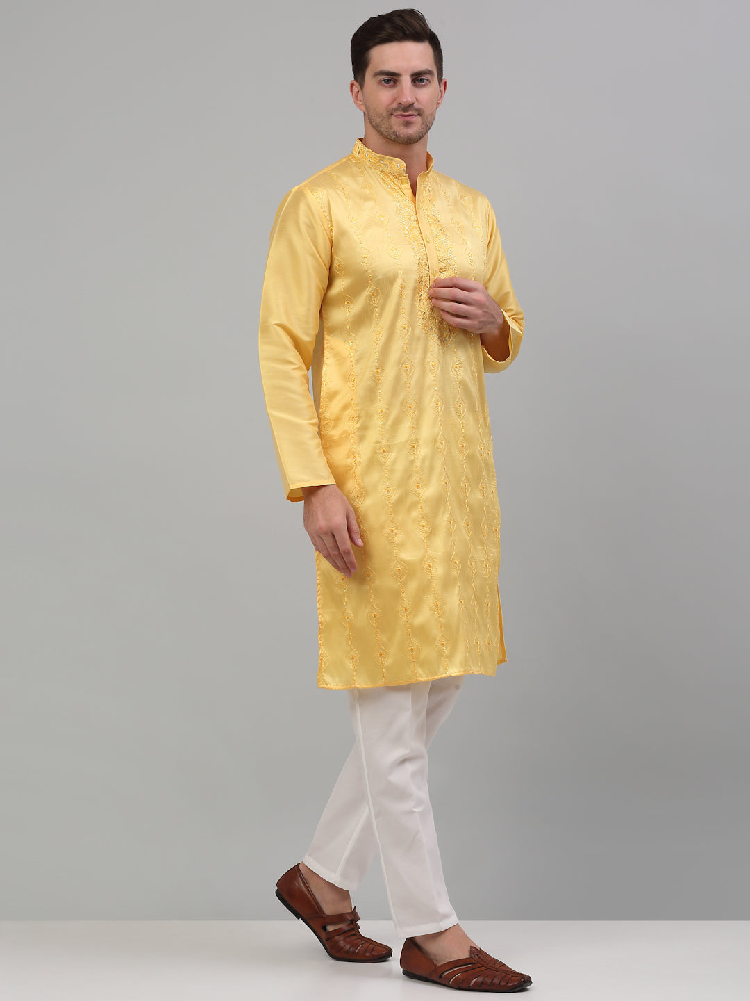 Men's Yellow Embroidered Kurta With Pajama