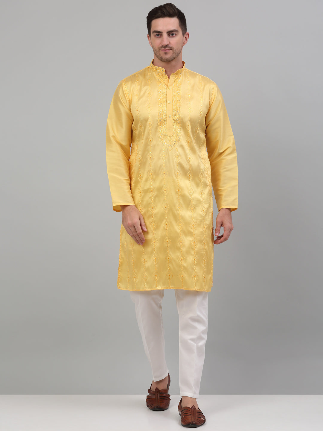 Men's Yellow Embroidered Kurta With Pajama