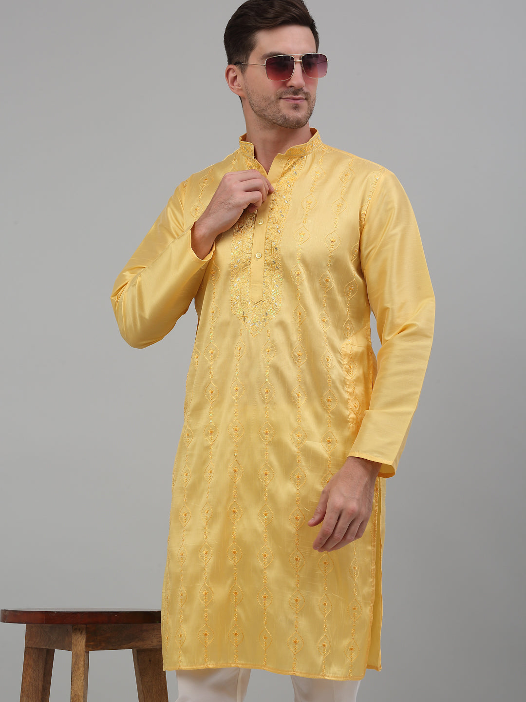 Men's Yellow Embroidered Kurta With Pajama