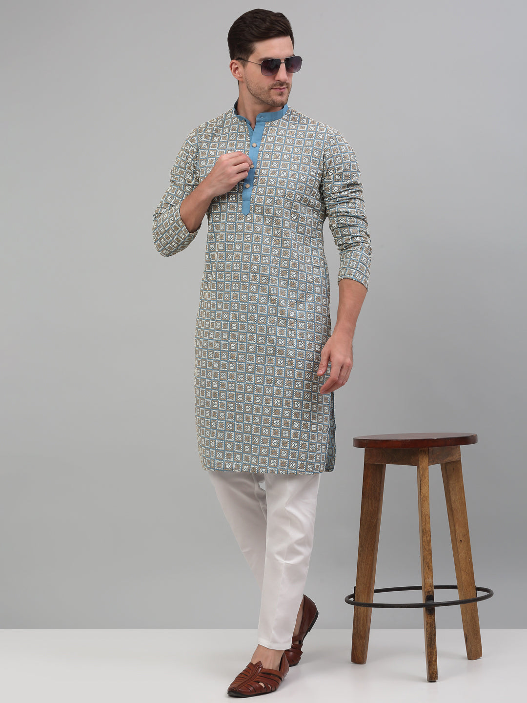 Blue Cotton Embroidered Kurta Pajama Set