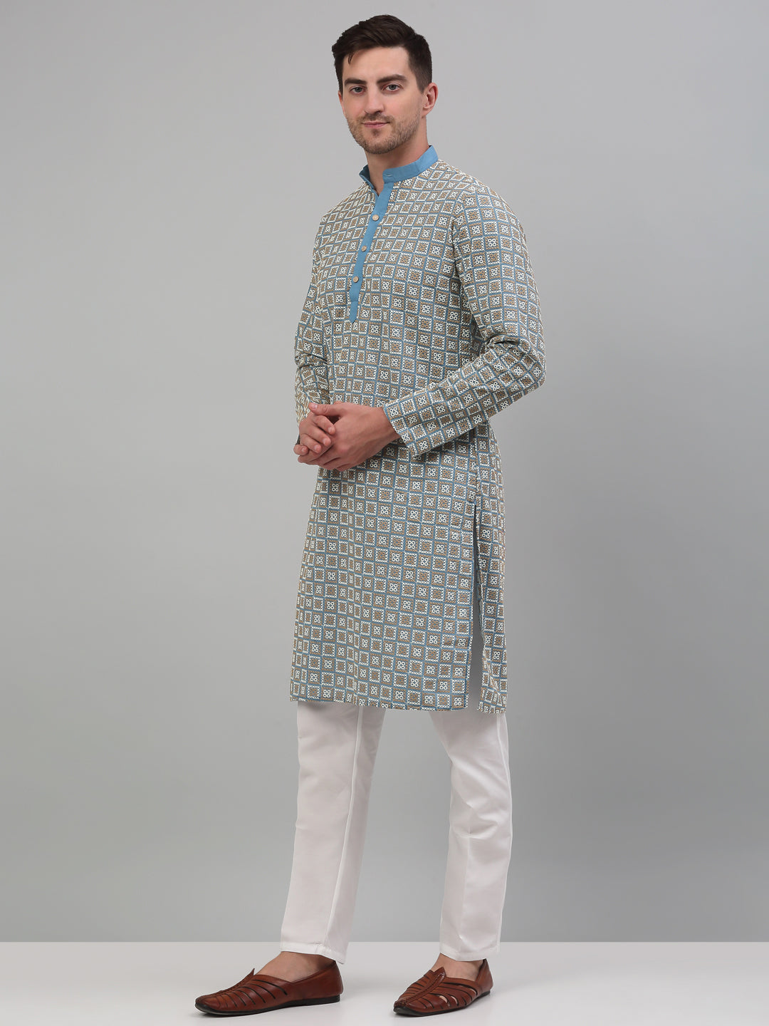 Blue Cotton Embroidered Kurta Pajama Set