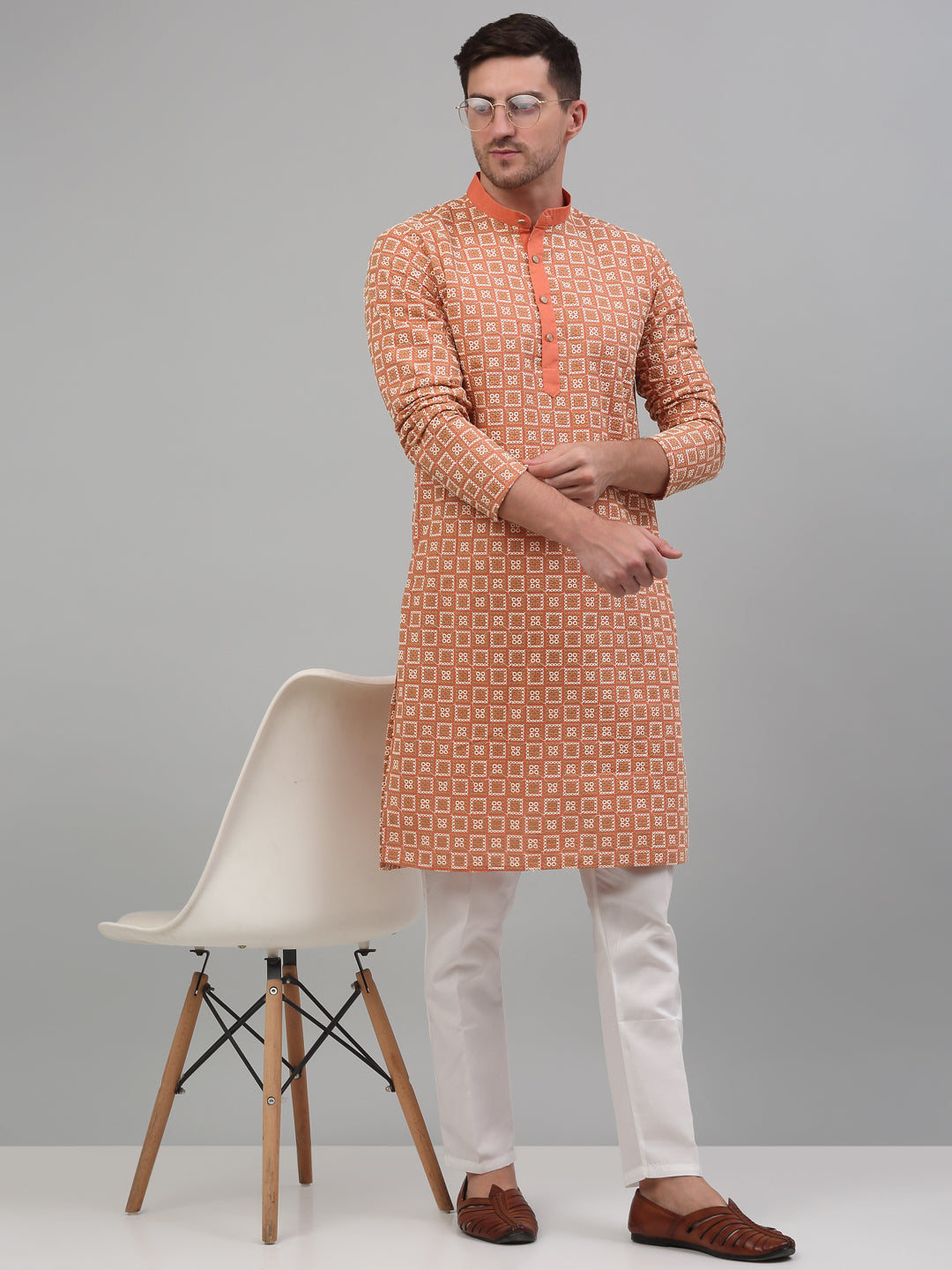 Men's Peach Embroidered Kurta With Pajama