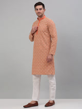 Men's Peach Embroidered Kurta With Pajama