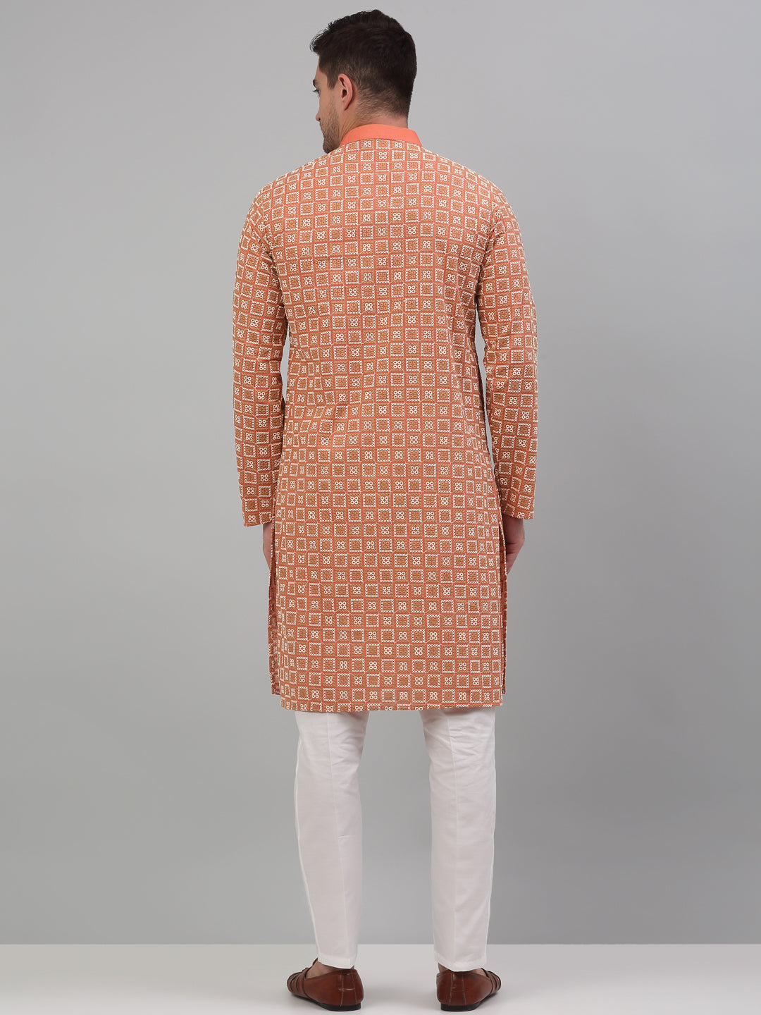 Men's Peach Embroidered Kurta With Pajama