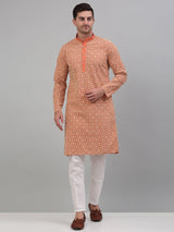 Men's Peach Embroidered Kurta With Pajama