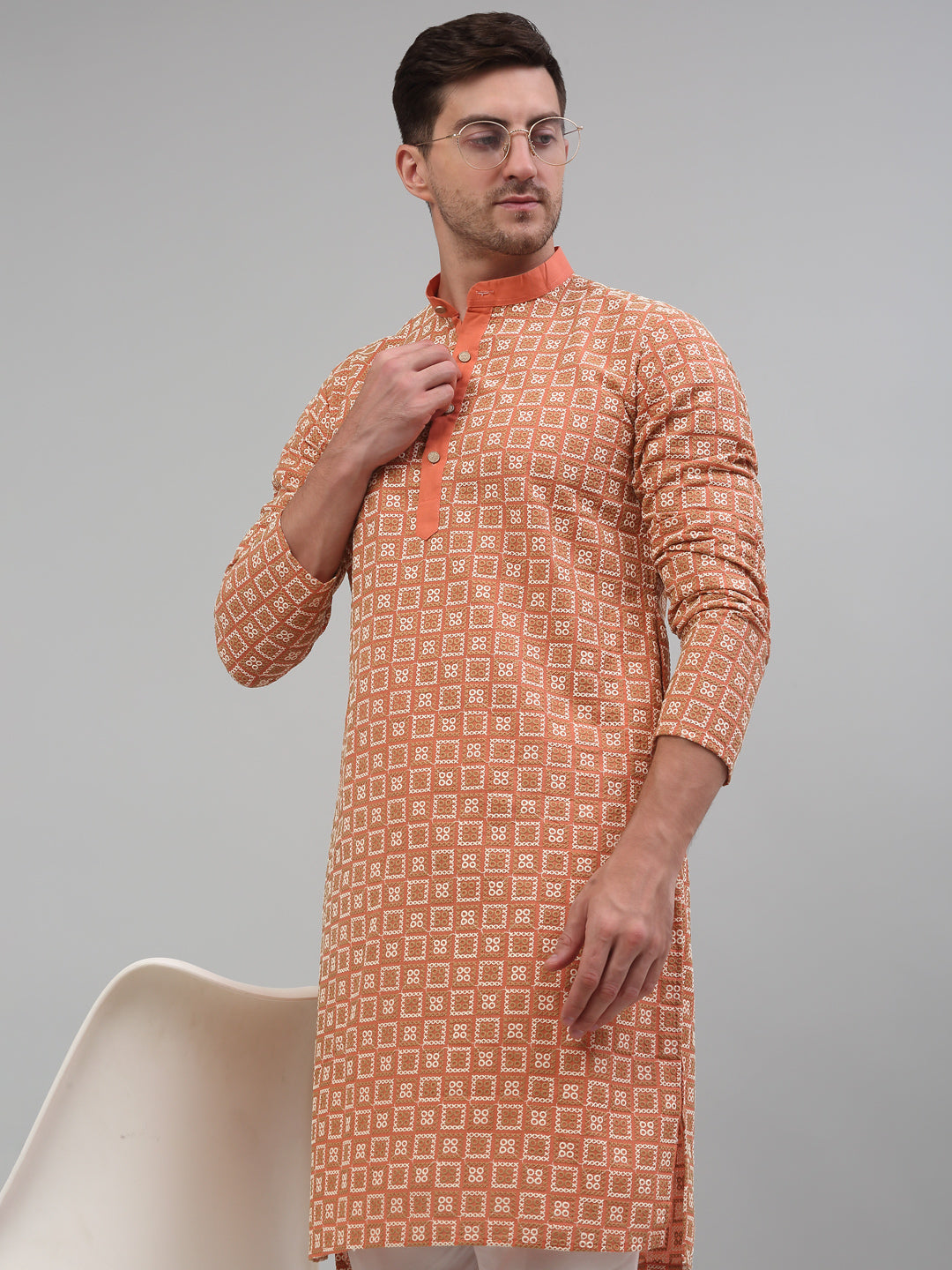 Men's Peach Embroidered Kurta With Pajama