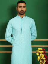 Blue Cotton Embroidered Kurta Pajama Set