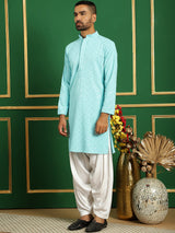 Blue Cotton Embroidered Kurta Pajama Set