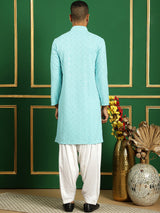 Blue Cotton Embroidered Kurta Pajama Set