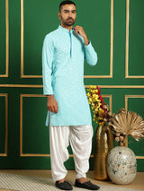 Blue Cotton Embroidered Kurta Pajama Set