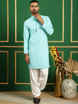 Blue Cotton Embroidered Kurta Pajama Set