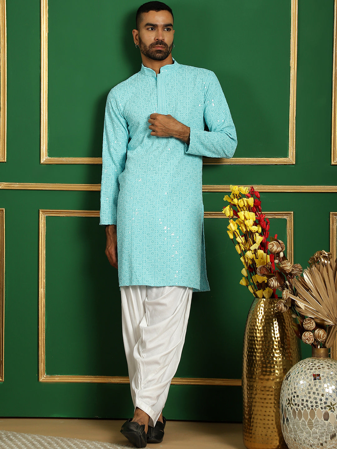 Blue Cotton Embroidered Kurta Pajama Set