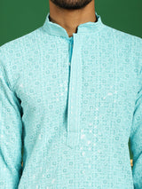 Blue Cotton Embroidered Kurta Pajama Set