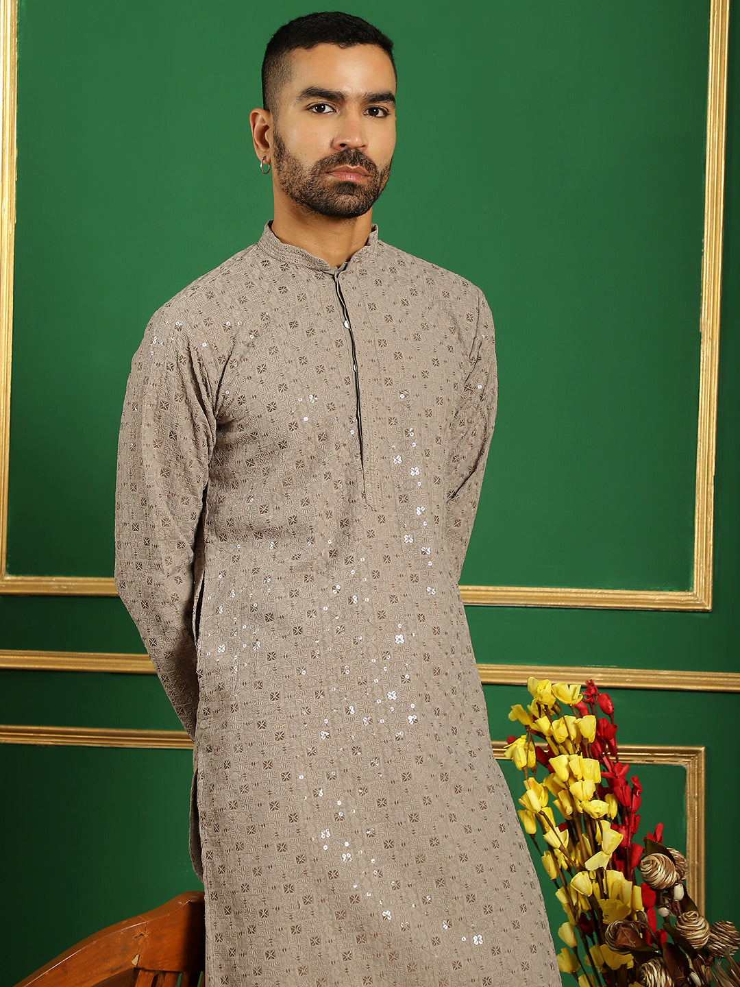 Gray Cotton Mirror Sequin Embroidered Kurta Pajama Set