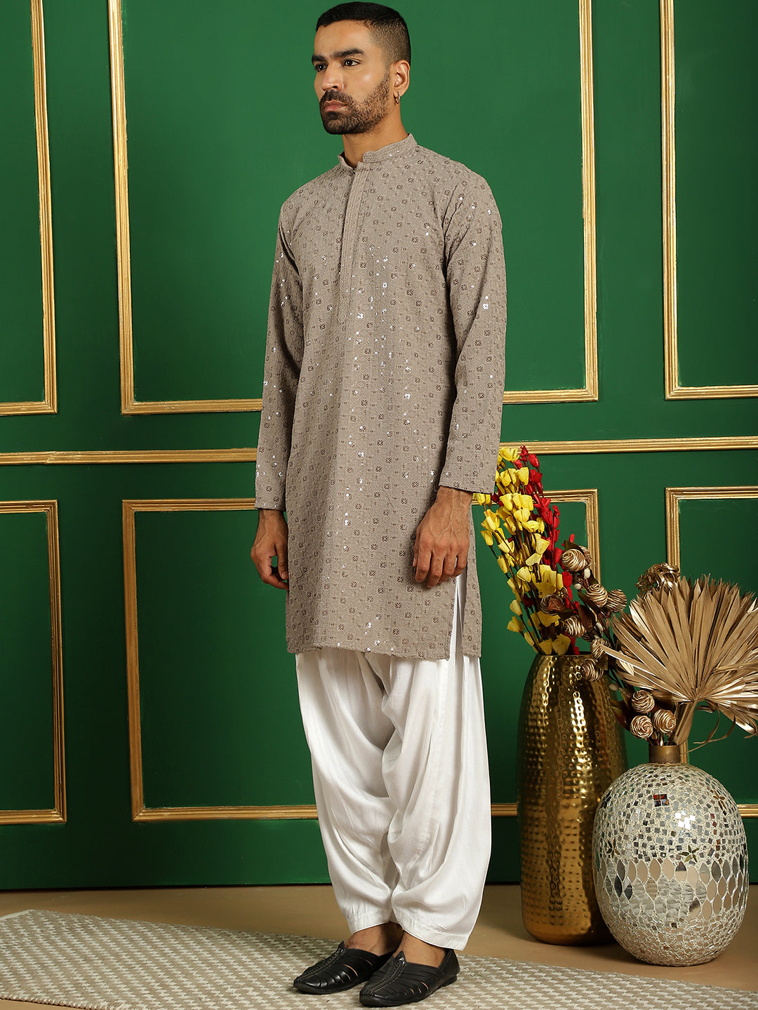 Gray Cotton Mirror Sequin Embroidered Kurta Pajama Set