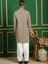 Gray Cotton Mirror Sequin Embroidered Kurta Pajama Set