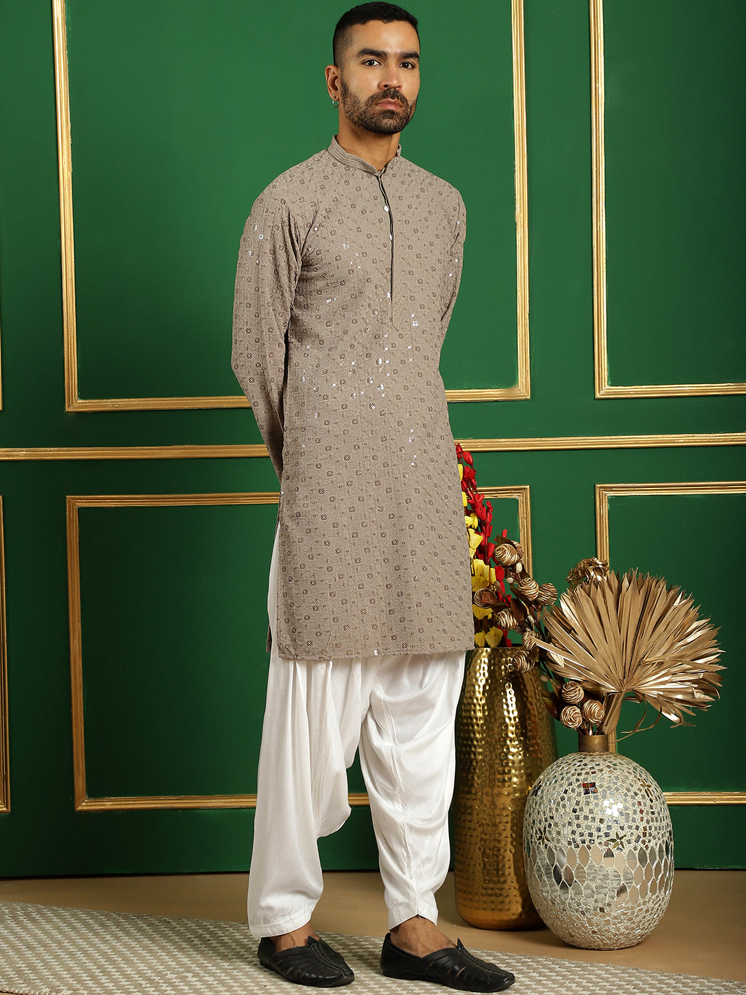 Gray Cotton Mirror Sequin Embroidered Kurta Pajama Set