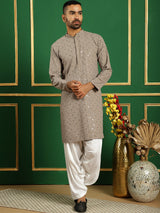 Gray Cotton Mirror Sequin Embroidered Kurta Pajama Set